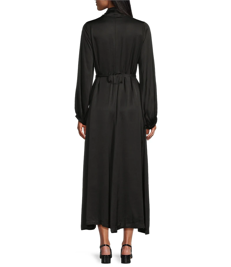 Bryn Walker Geraldine Satin Mandarin Collar Long Balloon Sleeve Belted Maxi Dress