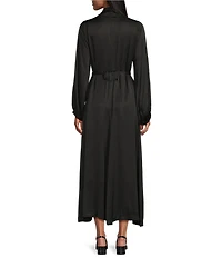 Bryn Walker Geraldine Satin Mandarin Collar Long Balloon Sleeve Belted Maxi Dress