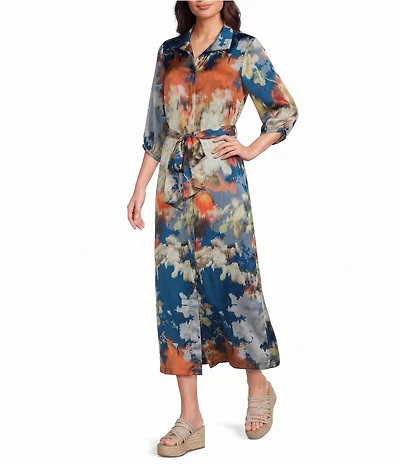 Bryn Walker Geraldine Woven Fiori Print Mandarin Collar Elbow Sleeve Button-Front Belted Shirt Dress