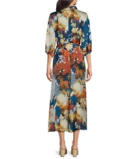 Bryn Walker Geraldine Woven Fiori Print Mandarin Collar Elbow Sleeve Button-Front Belted Shirt Dress