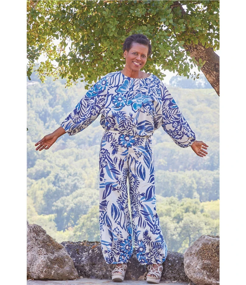 Bryn Walker Gianna Azzurra Print Boat Neck Long Sleeve Coordinating Shirt