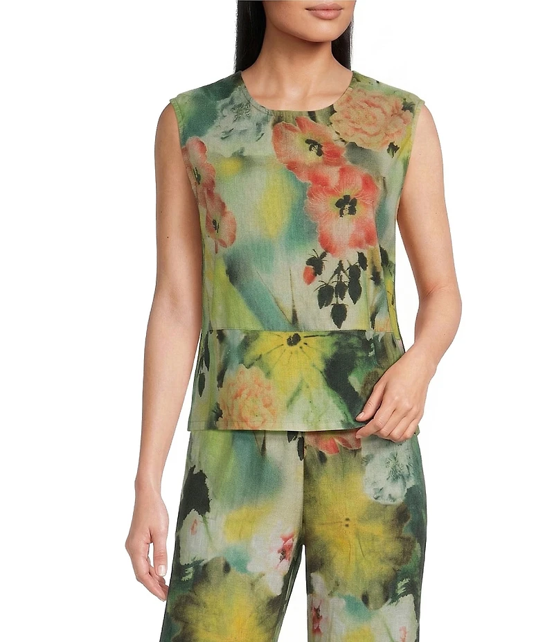 Bryn Walker Giardino Print Round Neck Sleeveless Basic Tank