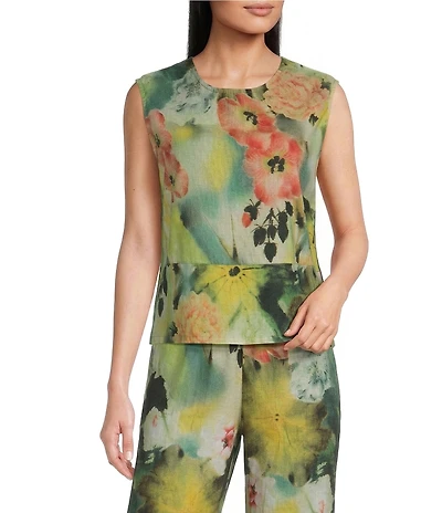 Bryn Walker Giardino Print Round Neck Sleeveless Basic Tank