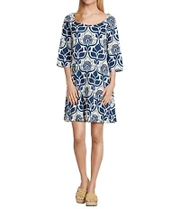 Bryn Walker Hopper Tulum Azul Cielo Print Scoop Neck Elbow Sleeve Dress