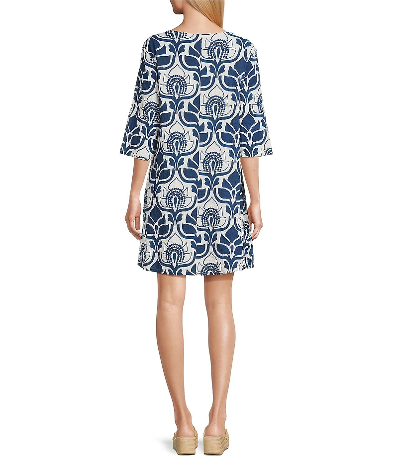 Bryn Walker Hopper Tulum Azul Cielo Print Scoop Neck Elbow Sleeve Dress