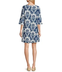 Bryn Walker Hopper Tulum Azul Cielo Print Scoop Neck Elbow Sleeve Dress