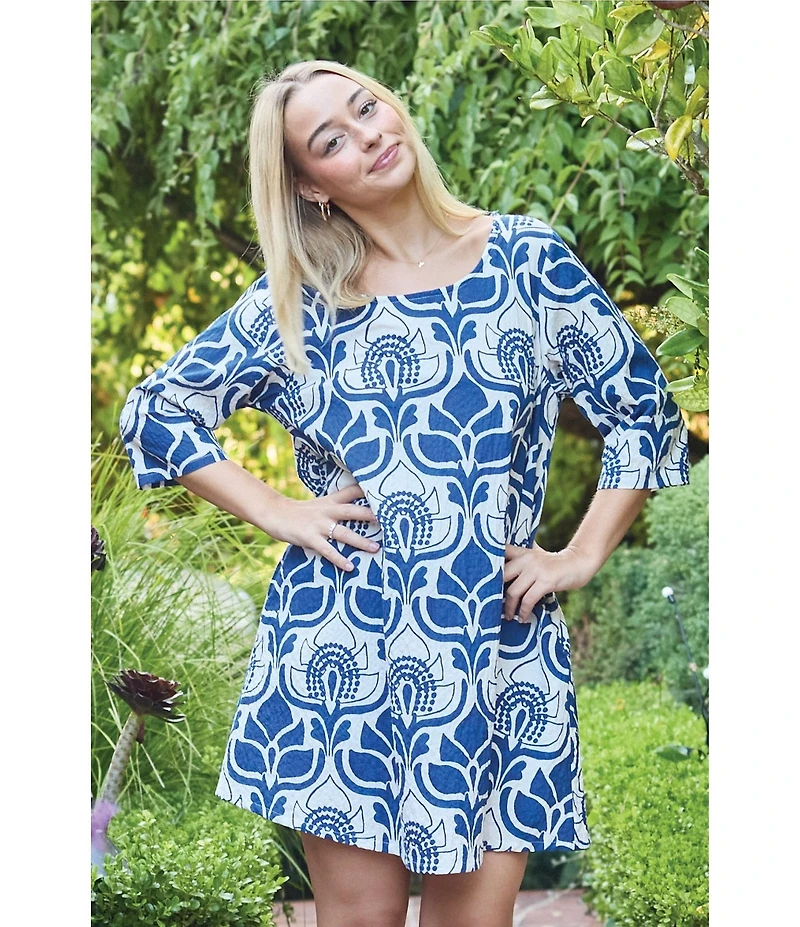 Bryn Walker Hopper Tulum Azul Cielo Print Scoop Neck Elbow Sleeve Dress