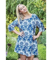 Bryn Walker Hopper Tulum Azul Cielo Print Scoop Neck Elbow Sleeve Dress
