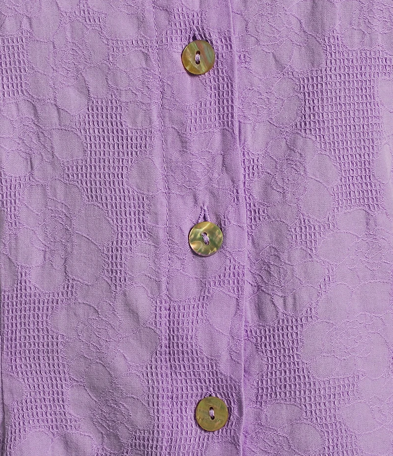 Bryn Walker Jacquard Cotton Floral Mandarin Collar Short Sleeve Coordinating Button Front Shirt