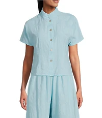 Bryn Walker Jacquard Cotton Floral Mandarin Collar Short Sleeve Coordinating Button Front Shirt