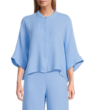 Bryn Walker Joe Cotton Gauze Banded Collar Short Dolman Sleeve Boxy Shirt