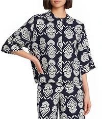 Bryn Walker Joe Tulum Print Banded Collar Short Dolman Sleeve Shirt