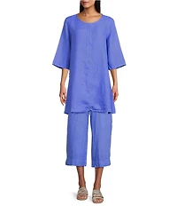 Bryn Walker Josie Light Linen Round Neck 3/4 Sleeve Ruched Tie Coordinating Tunic