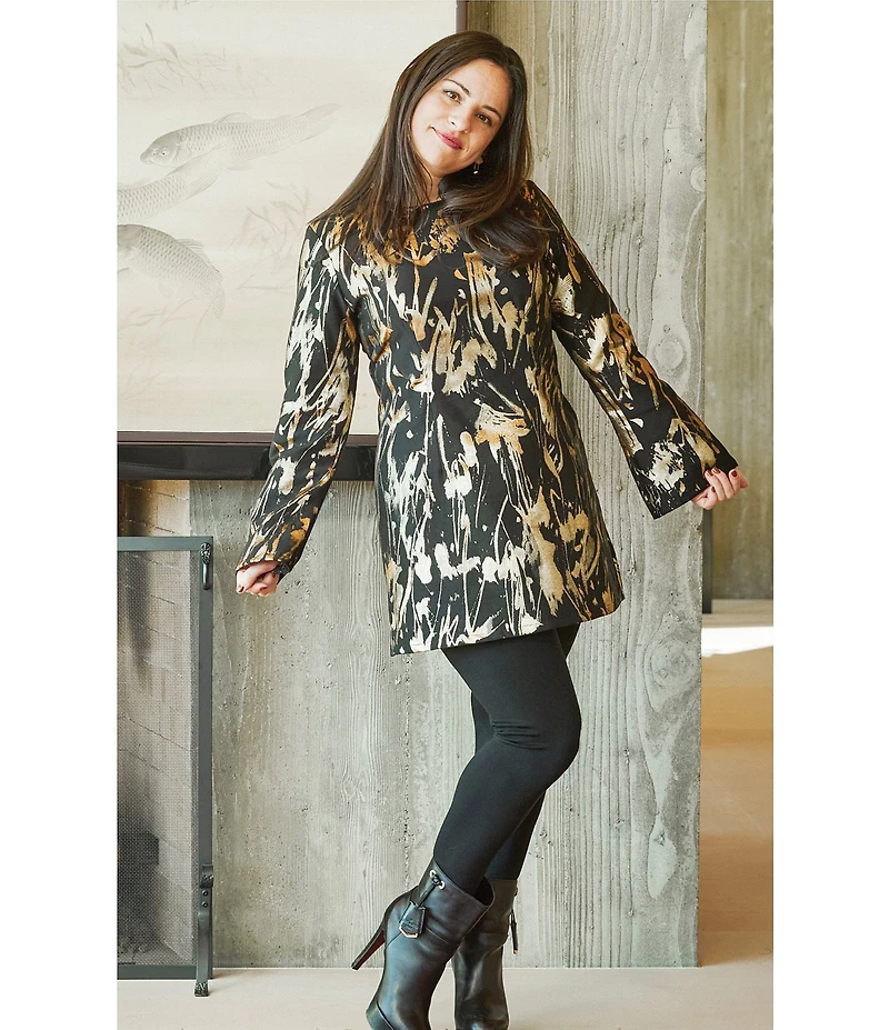 Bryn Walker Jules Foglia D'oro Gold Print Round Neck Long Sleeve Dress