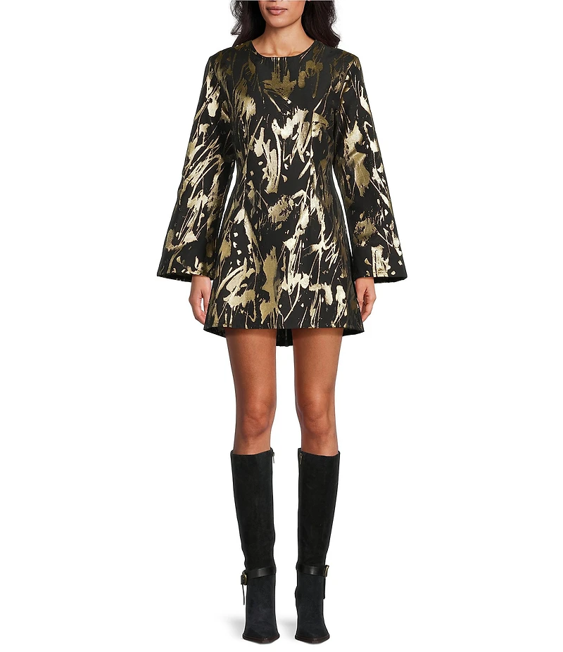 Bryn Walker Jules Foglia D'oro Gold Print Round Neck Long Sleeve Dress