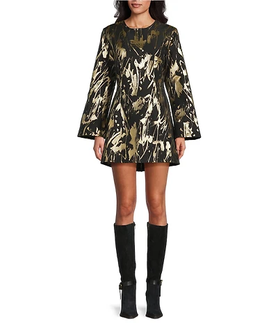 Bryn Walker Jules Foglia D'oro Gold Print Round Neck Long Sleeve Dress
