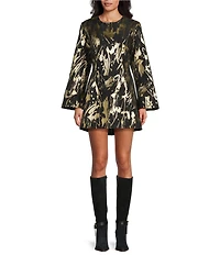 Bryn Walker Jules Foglia D'oro Gold Print Round Neck Long Sleeve Dress