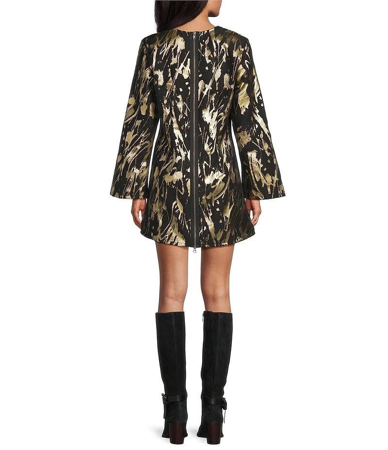 Bryn Walker Jules Foglia D'oro Gold Print Round Neck Long Sleeve Dress