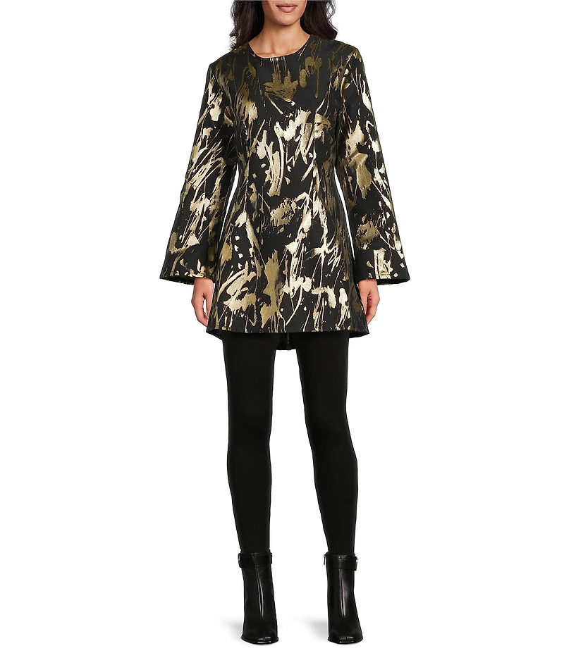 Bryn Walker Jules Foglia D'oro Gold Print Round Neck Long Sleeve Dress
