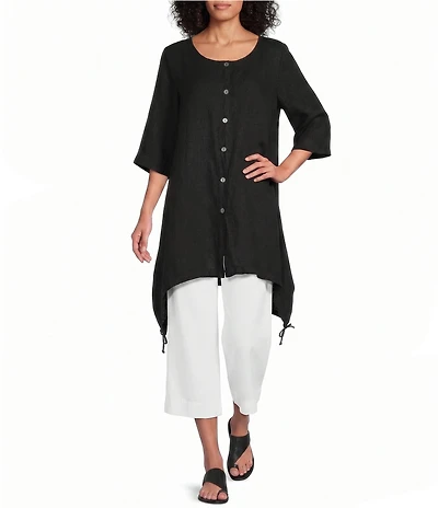 Bryn Walker Kay Light Linen V-Neck Elbow Sleeve Sharkbite Ruched Hem Cardigan