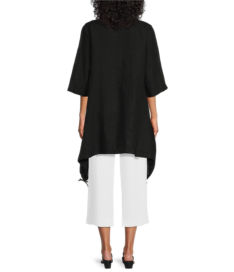 Bryn Walker Kay Light Linen V-Neck Elbow Sleeve Sharkbite Ruched Hem Cardigan