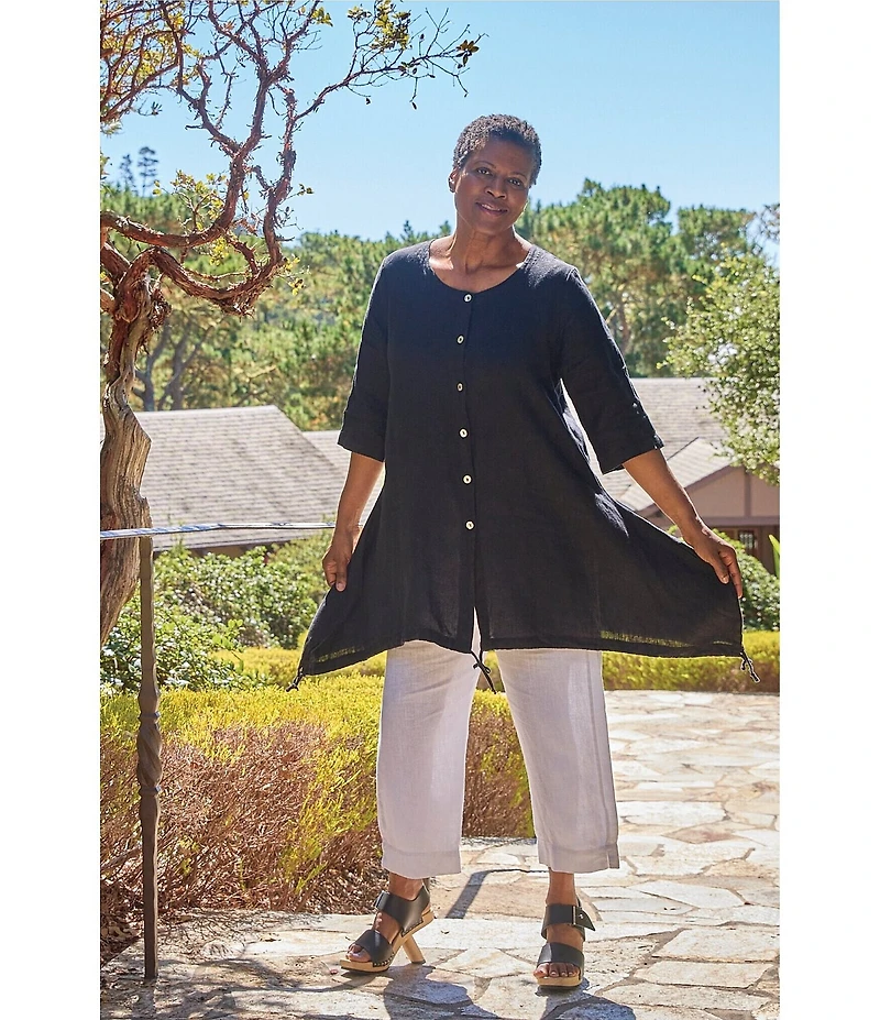 Bryn Walker Kay Light Linen V-Neck Elbow Sleeve Sharkbite Ruched Hem Cardigan