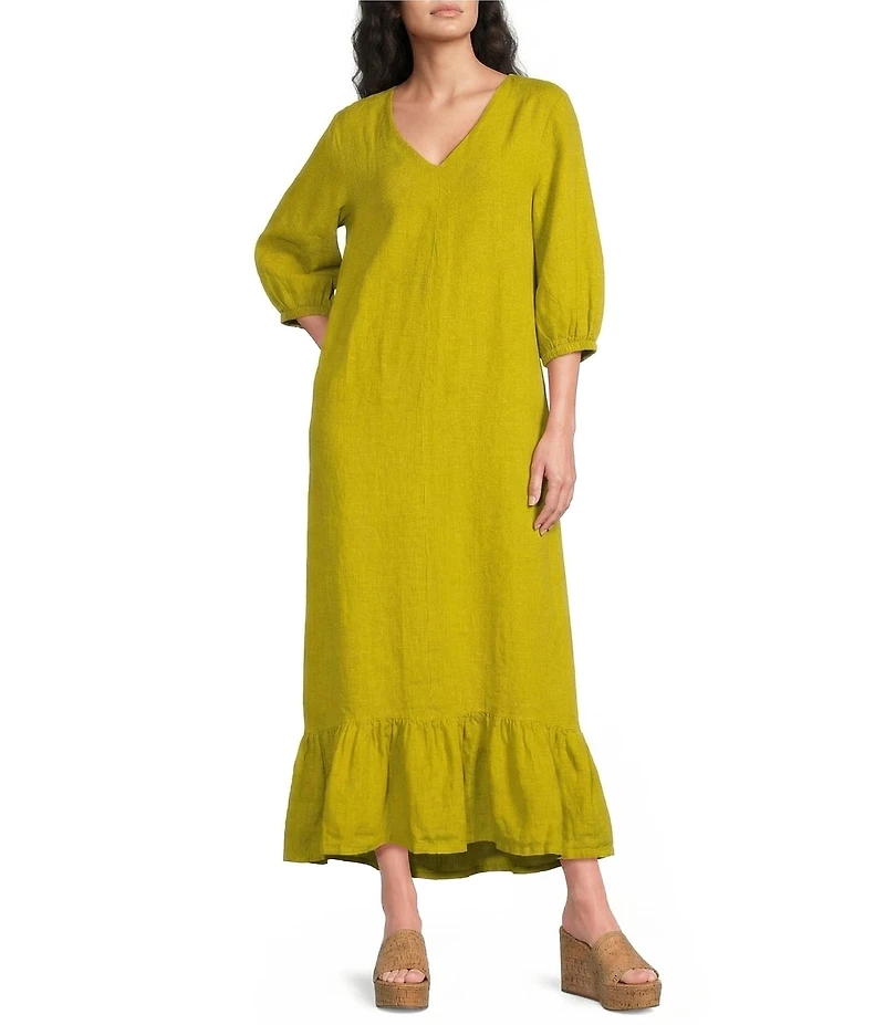 Bryn Walker Lana Light Linen V-Neck 3/4 Gathered Sleeve Ruffle Hem Maxi Dress