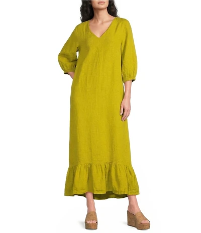 Bryn Walker Lana Light Linen V-Neck 3/4 Gathered Sleeve Ruffle Hem Maxi Dress