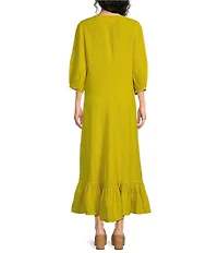 Bryn Walker Lana Light Linen V-Neck 3/4 Gathered Sleeve Ruffle Hem Maxi Dress