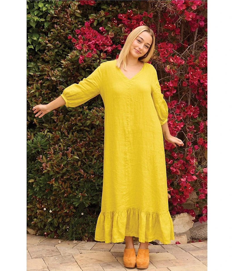 Bryn Walker Lana Light Linen V-Neck 3/4 Gathered Sleeve Ruffle Hem Maxi Dress