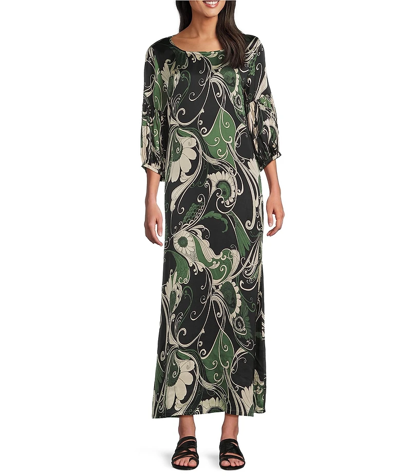 Bryn Walker Lanterna Giardino Print Viscose Satin Round Neck 3/4 Sleeve Maxi Dress
