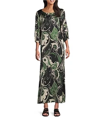 Bryn Walker Lanterna Giardino Print Viscose Satin Round Neck 3/4 Sleeve Maxi Dress