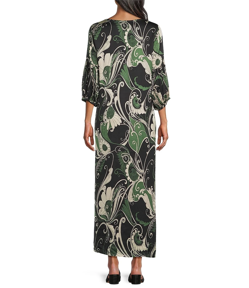 Bryn Walker Lanterna Giardino Print Viscose Satin Round Neck 3/4 Sleeve Maxi Dress