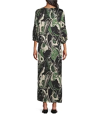 Bryn Walker Lanterna Giardino Print Viscose Satin Round Neck 3/4 Sleeve Maxi Dress