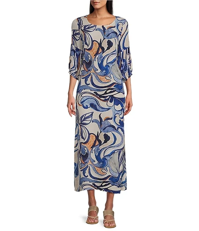 Bryn Walker Lanterna Printed Round Neck 3/4 Sleeve Lantern Maxi Dress
