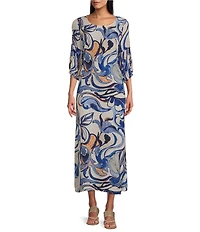 Bryn Walker Lanterna Printed Round Neck 3/4 Sleeve Lantern Maxi Dress