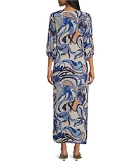Bryn Walker Lanterna Printed Round Neck 3/4 Sleeve Lantern Maxi Dress