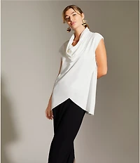 Bryn Walker Lavinia Stretch Jersey Modal Ponte Cowl Neck Short Sleeve Crossover High-Low Hem Tunic