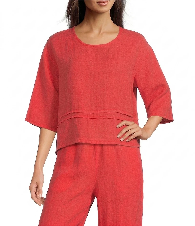 Bryn Walker Light Linen Round Neck 3/4 Sleeve Pintuck Shirt