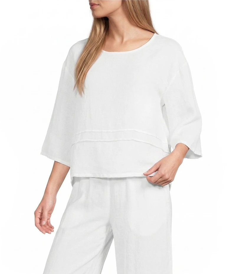 Bryn Walker Light Linen Round Neck 3/4 Sleeve Pintuck Shirt