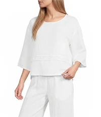 Bryn Walker Light Linen Round Neck 3/4 Sleeve Pintuck Shirt