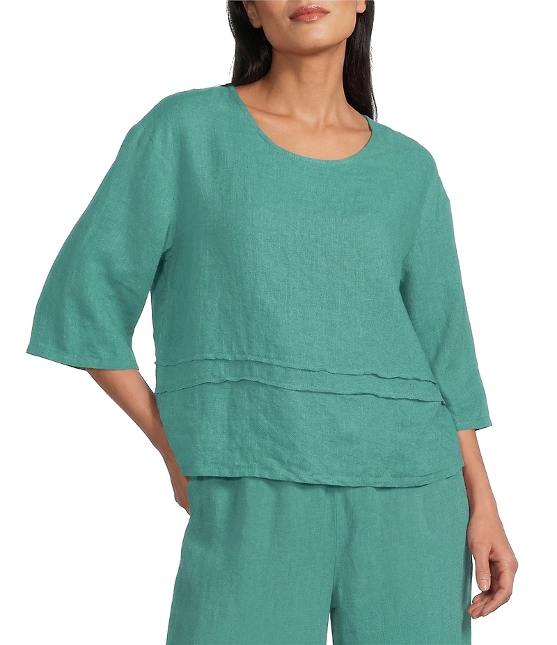 Bryn Walker Light Linen Round Neck 3/4 Sleeve Pintuck Shirt