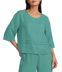 Bryn Walker Light Linen Round Neck 3/4 Sleeve Pintuck Shirt