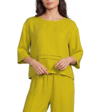 Bryn Walker Light Linen Round Neck 3/4 Sleeve Pintuck Shirt