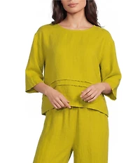 Bryn Walker Light Linen Round Neck 3/4 Sleeve Pintuck Shirt