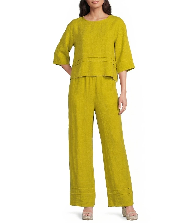 Bryn Walker Light Linen Round Neck 3/4 Sleeve Pintuck Shirt