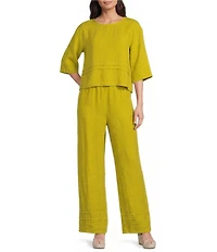 Bryn Walker Light Linen Round Neck 3/4 Sleeve Pintuck Shirt