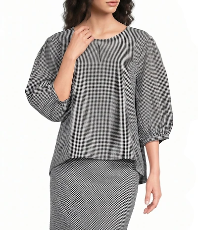 Bryn Walker Lucinda Check Seersucker Round Neck 3/4 Sleeve Shirt