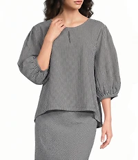Bryn Walker Lucinda Check Seersucker Round Neck 3/4 Sleeve Shirt