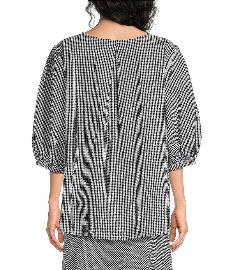 Bryn Walker Lucinda Check Seersucker Round Neck 3/4 Sleeve Shirt